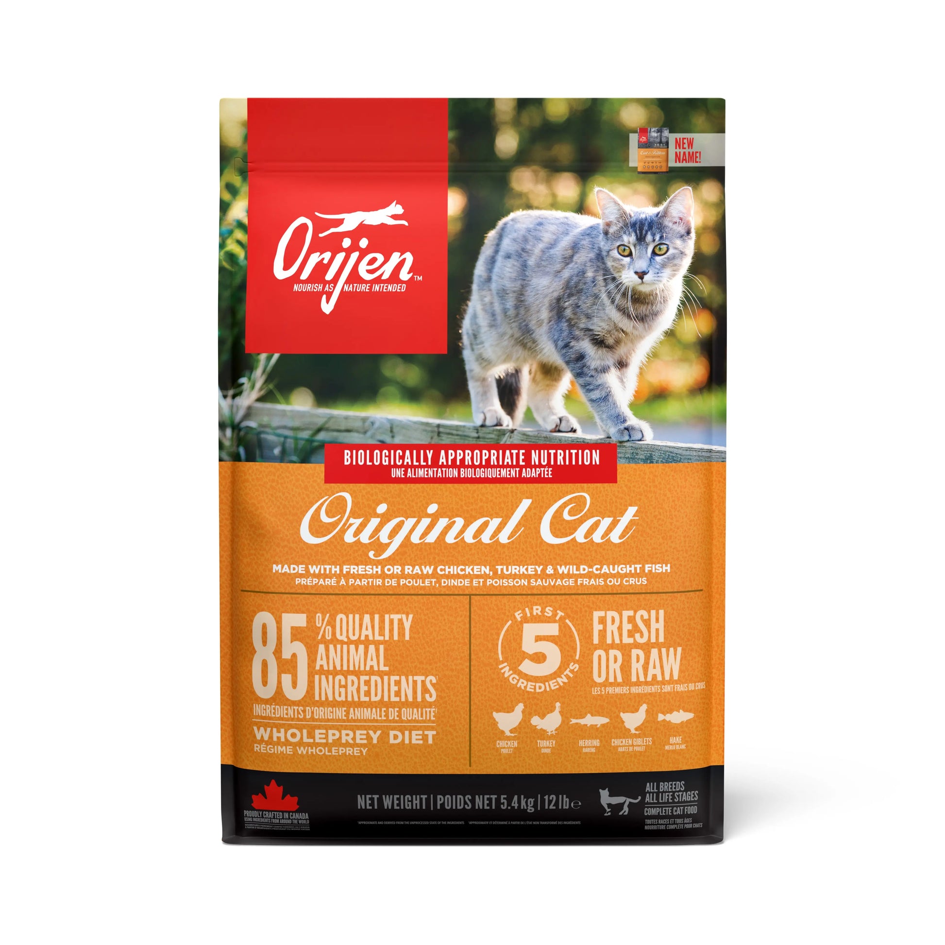 Orijen Original Cat food bag featuring a cat, highlighting quality ingredients and biologically appropriate nutrition.