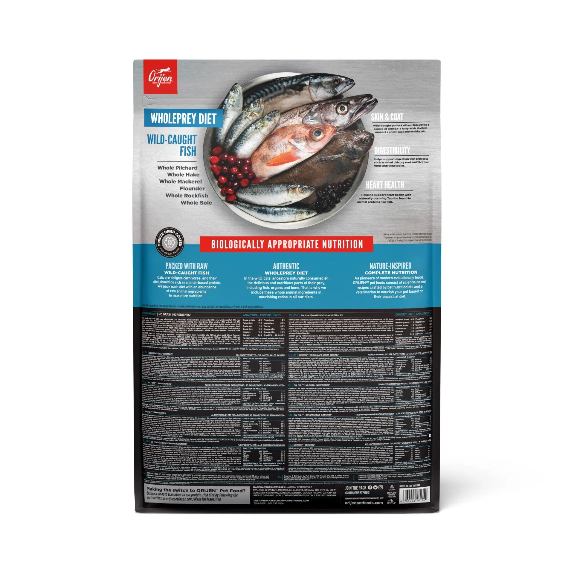 Wholeprey diet dog food bag featuring wild-caught fish, nutritional information, and feeding guide.