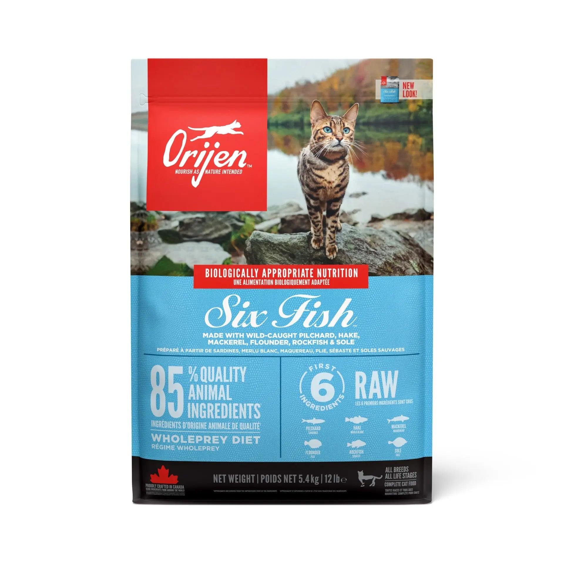 Orijen Six Fish cat food bag featuring a cat by a lake, highlighting quality animal ingredients and raw nutrition.