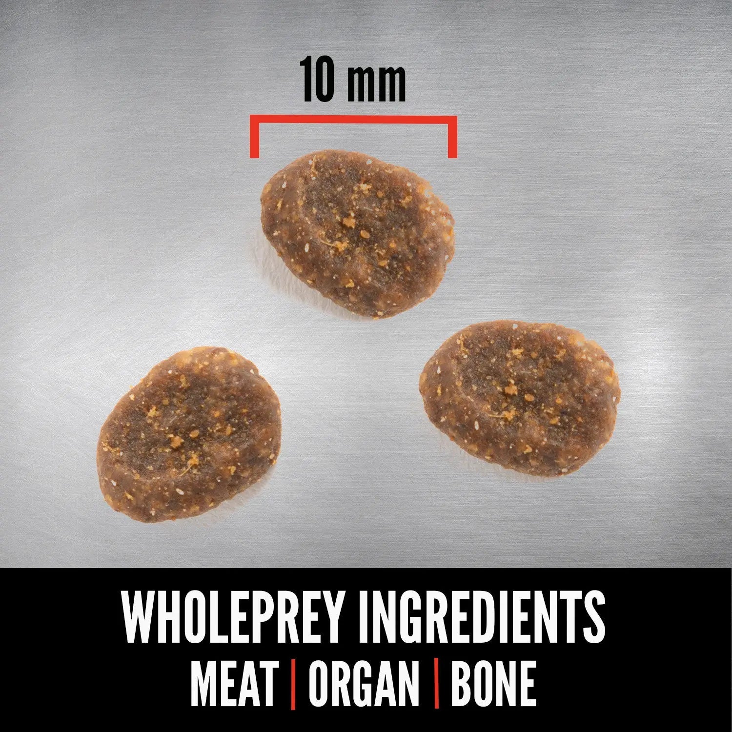 Wholeprey ingredients featuring meat, organ, and bone, each measuring 10 mm in diameter.