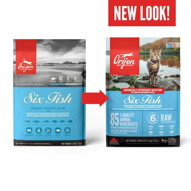 Orijen Six Fish cat food packaging showcasing new design and high-quality ingredients for optimal nutrition.