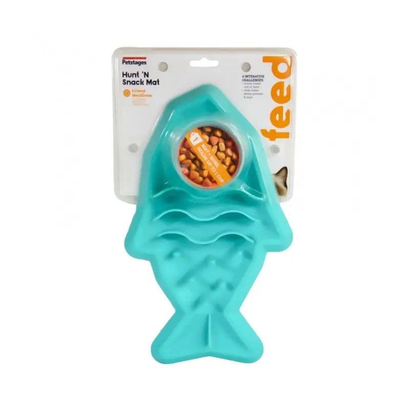 Petstages Hunt 'N Snack Mat in fish shape for interactive pet feeding and playtime.