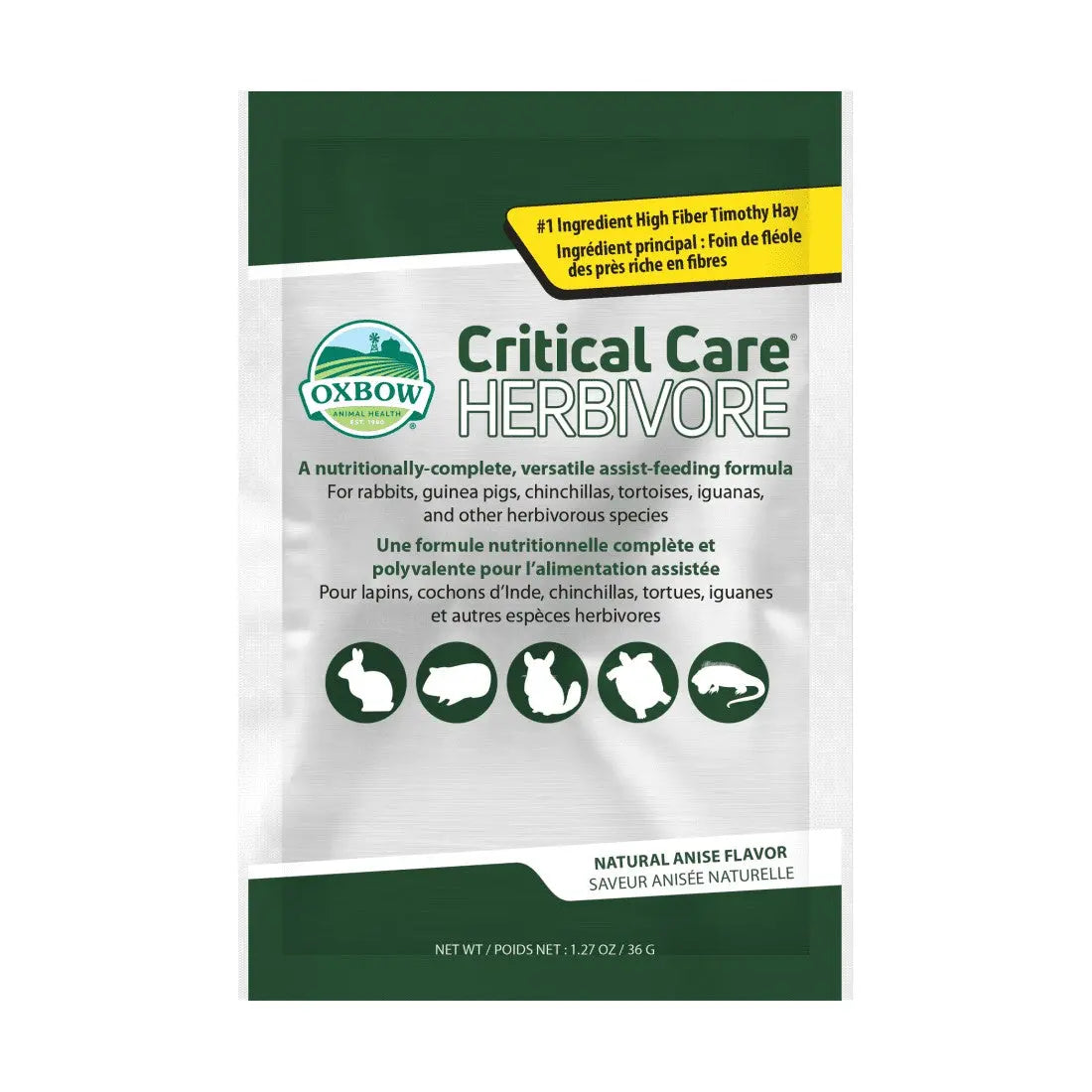 Oxbow Critical Care Herbivore packet for rabbits and small animals, featuring natural anise flavor and high fiber.