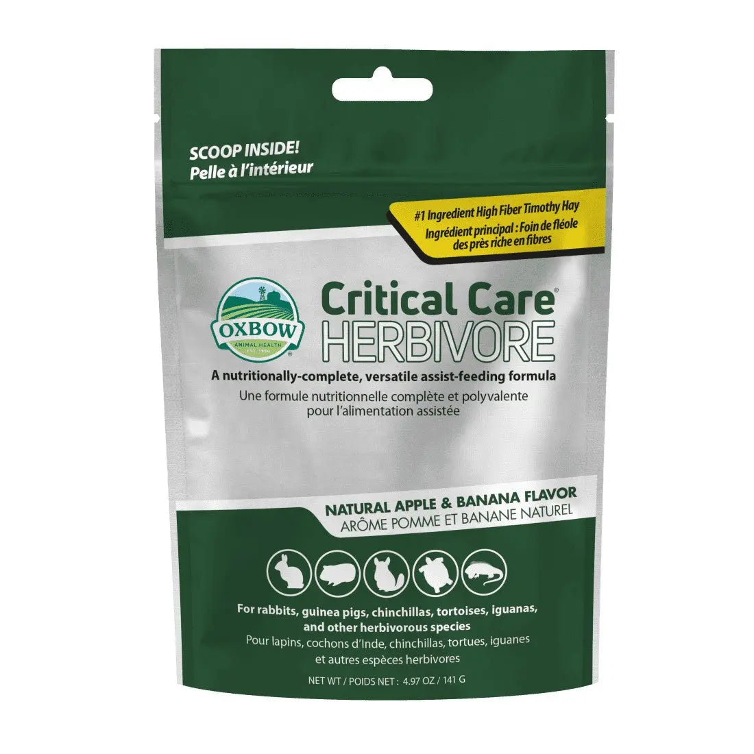 Oxbow Critical Care Herbivore food bag for small animals, featuring apple and banana flavor.