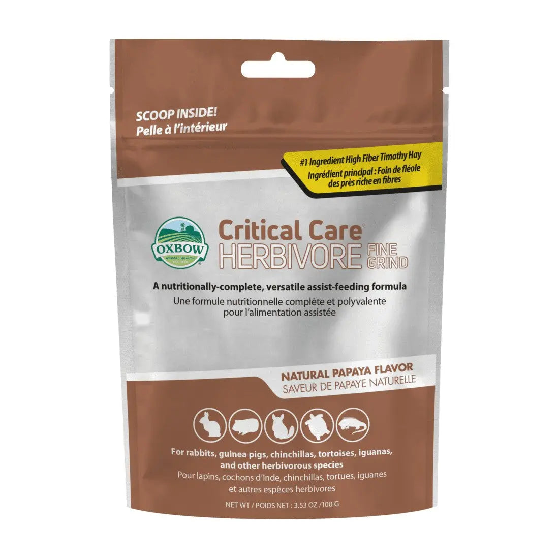 Oxbow Critical Care Herbivore fine grind formula for small animals, featuring natural papaya flavor.