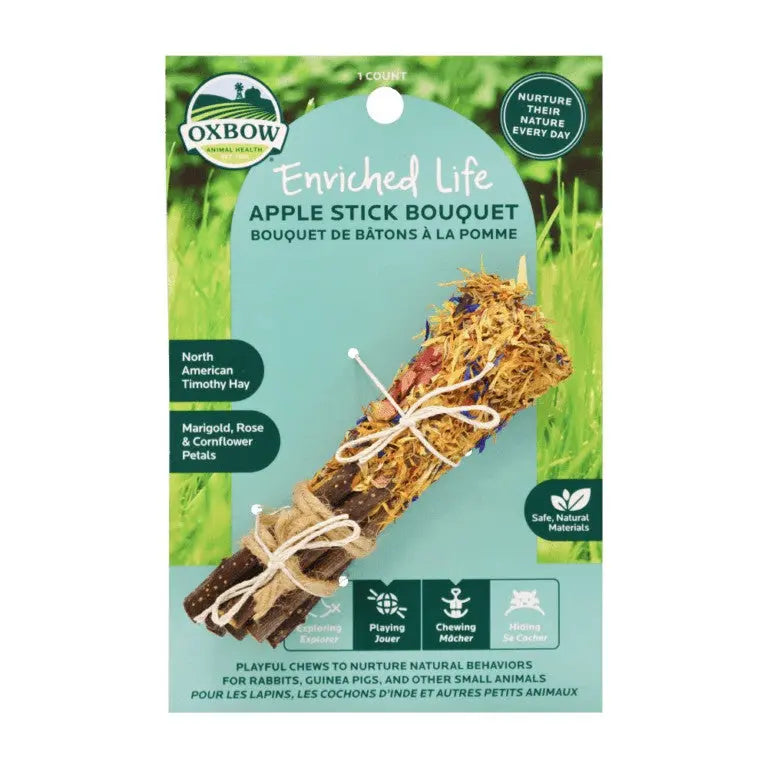 Oxbow Enriched Life Apple Stick Bouquet for small animals, featuring natural ingredients and playful chew options.
