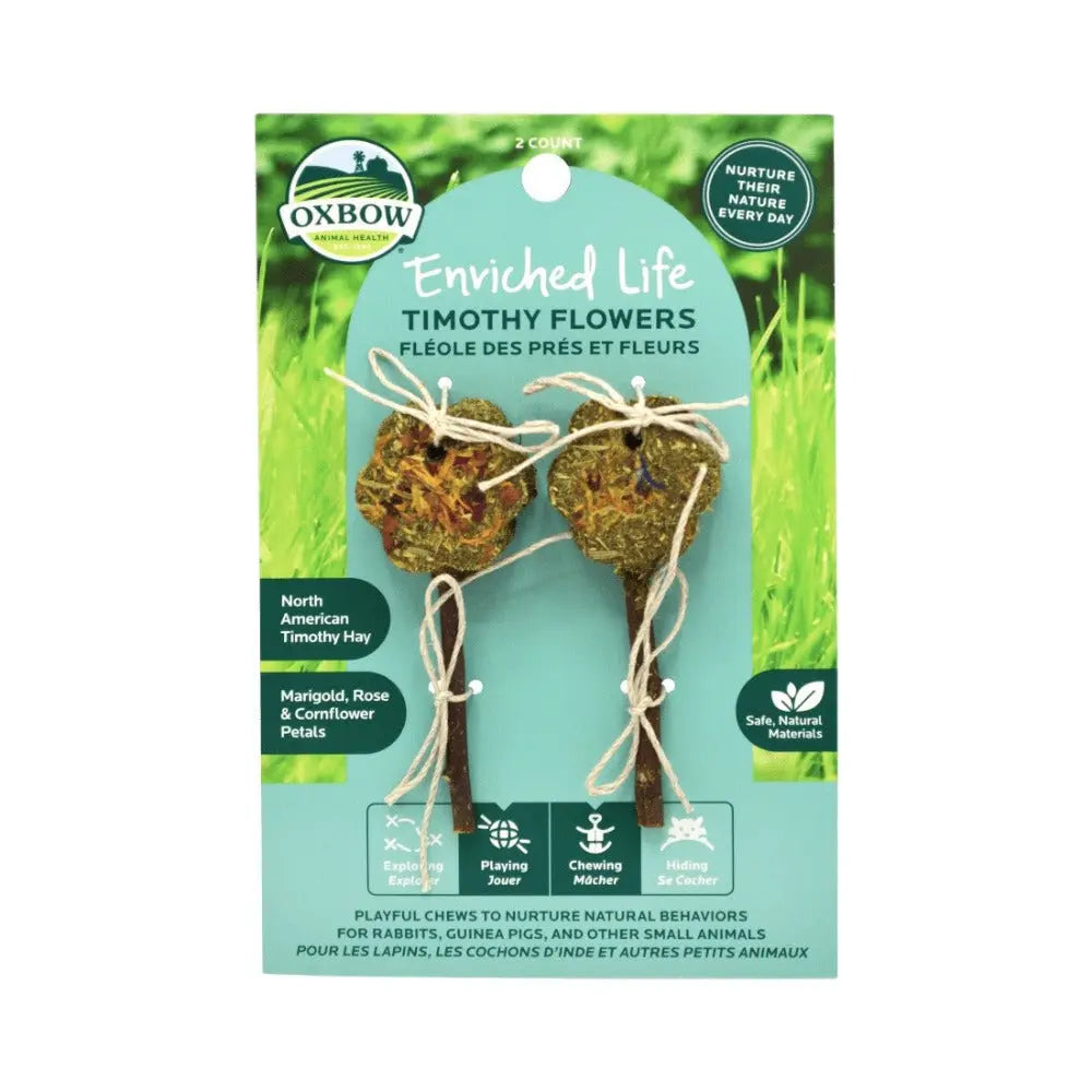 Oxbow Enriched Life Timothy Flowers for rabbits, featuring marigold, rose, and cornflower petals.