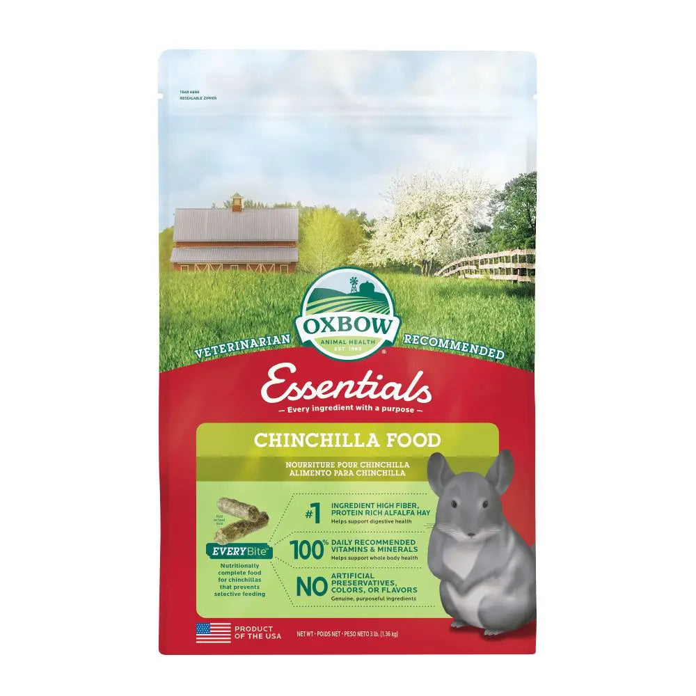 Oxbow Essentials chinchilla food bag featuring natural ingredients and veterinarian recommendations.
