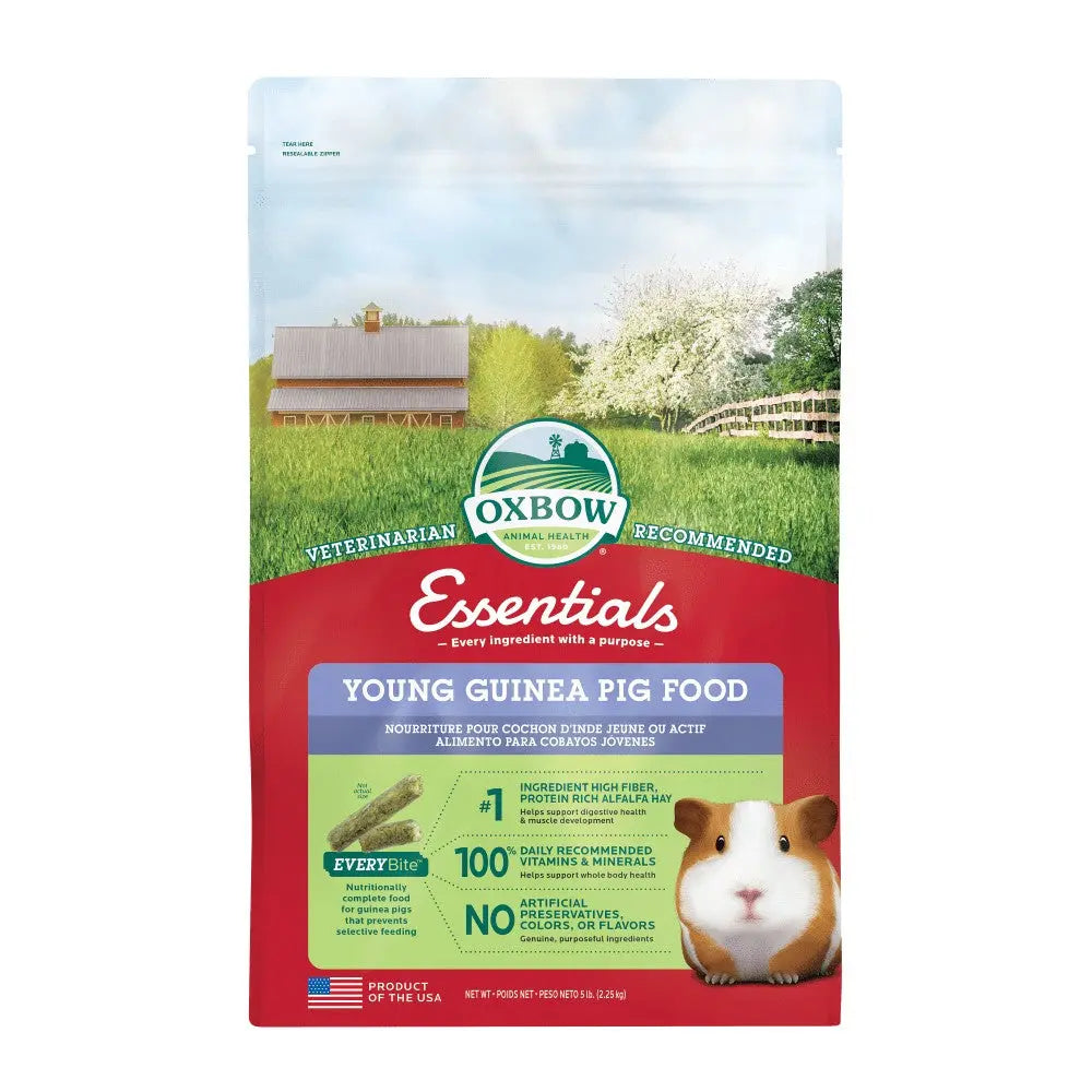Oxbow Essentials young guinea pig food bag with natural ingredients and feeding guide for healthy pets.