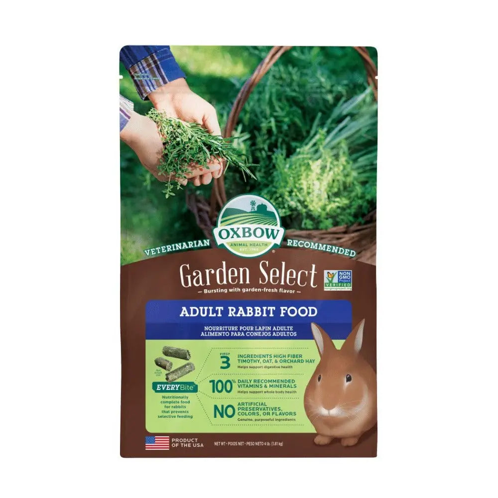 Oxbow Garden Select adult rabbit food bag featuring natural ingredients and garden-fresh flavor.