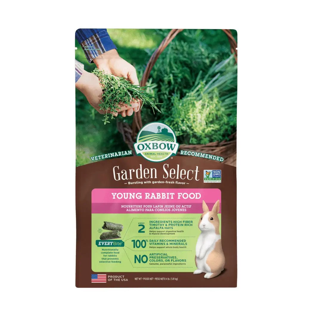 Oxbow Garden Select young rabbit food with fresh garden ingredients and feeding guide for optimal nutrition.