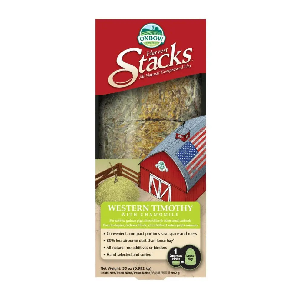 Oxbow Harvest Stacks Western Timothy hay with chamomile, all-natural, compressed packaging for small animals.