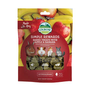 Oxbow Simple Rewards baked treats with apple and banana for small pets, featuring a colorful packaging design.