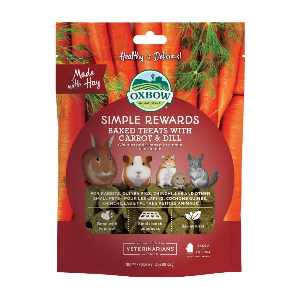 Oxbow Simple Rewards baked treats with carrot and dill for small pets, featuring a vibrant carrot background.