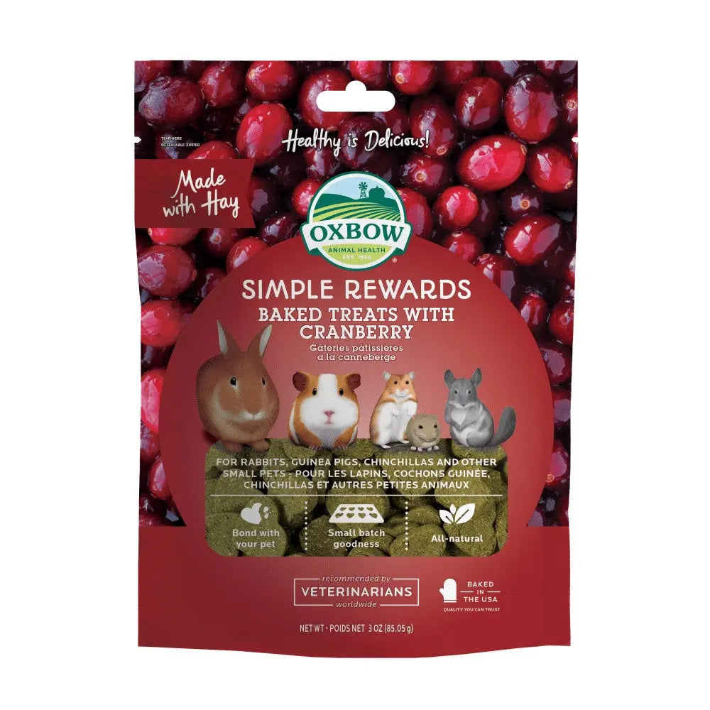 Oxbow Simple Rewards baked treats with cranberry for small pets, featuring natural ingredients and vet recommendations.