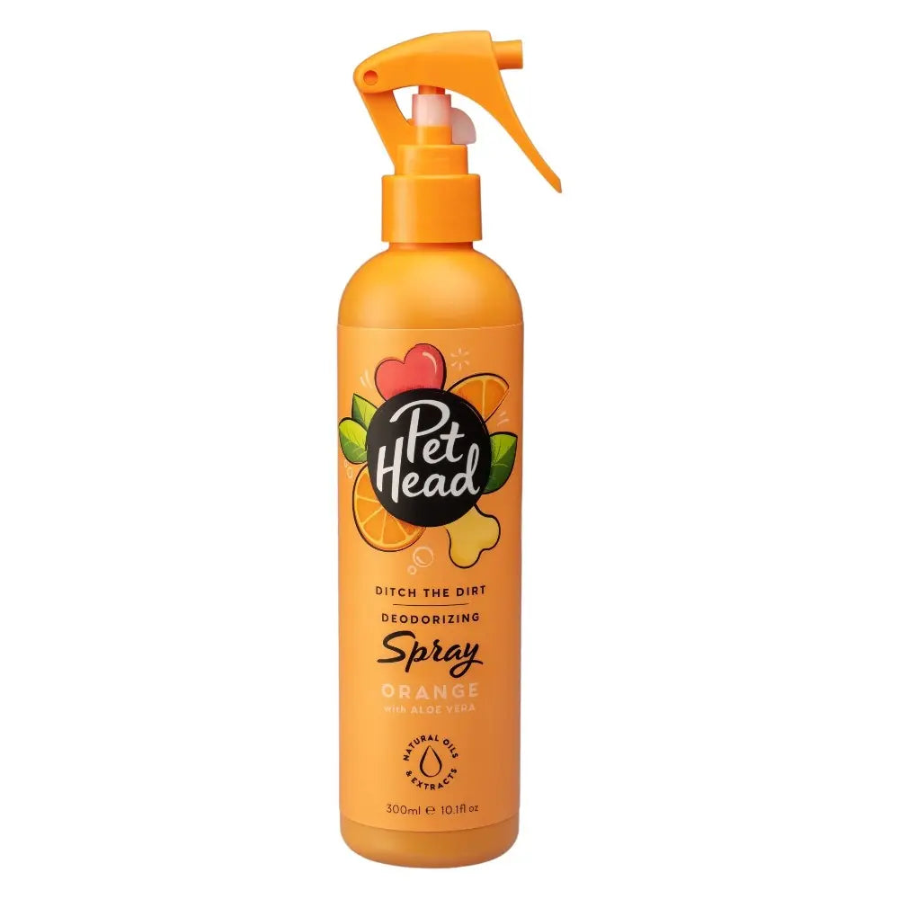 Pet Head orange deodorizing spray for pets, featuring aloe vera for a fresh scent and clean fur.
