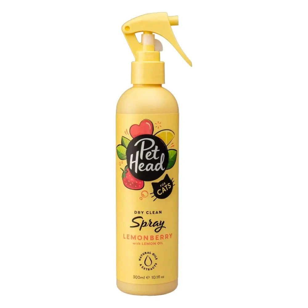 Pet Head Lemonberry dry clean spray for cats, featuring a refreshing lemon oil scent in a convenient spray bottle.
