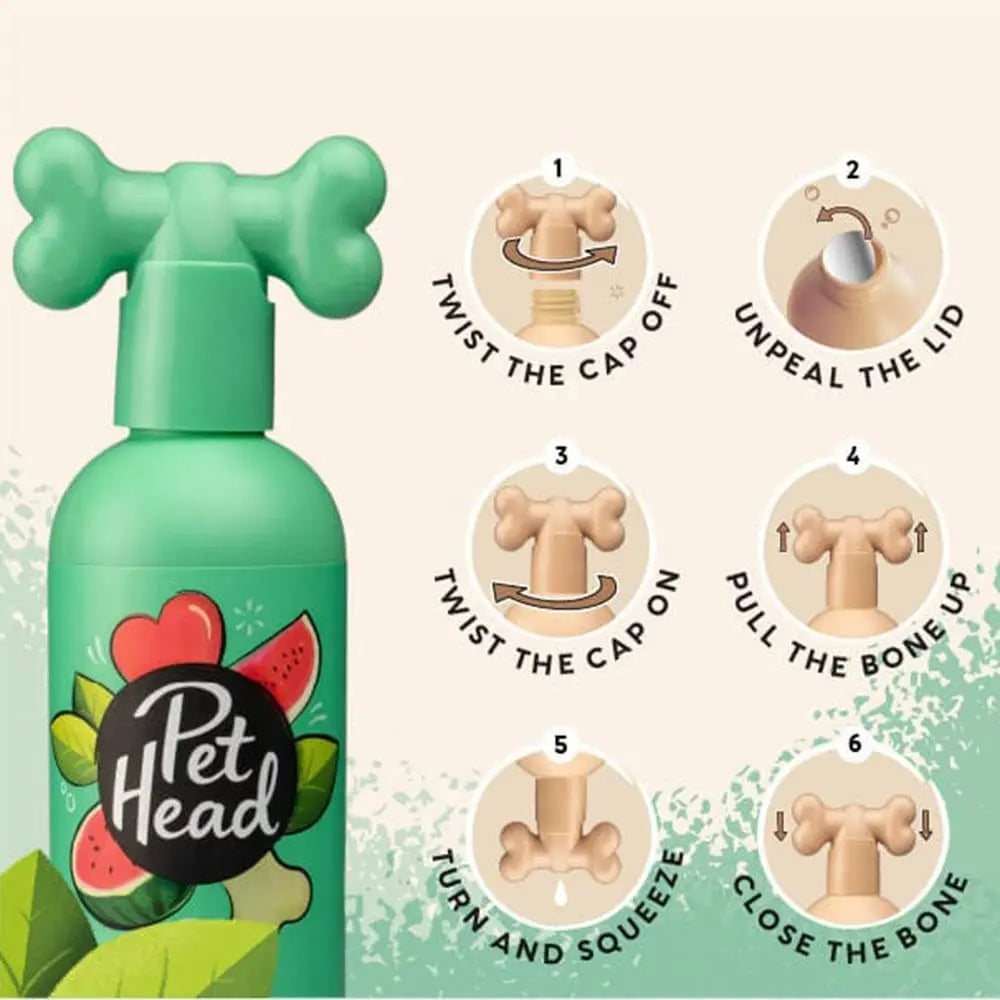 Pet Head dog product with a bone-shaped cap, featuring a step-by-step usage guide for easy application.