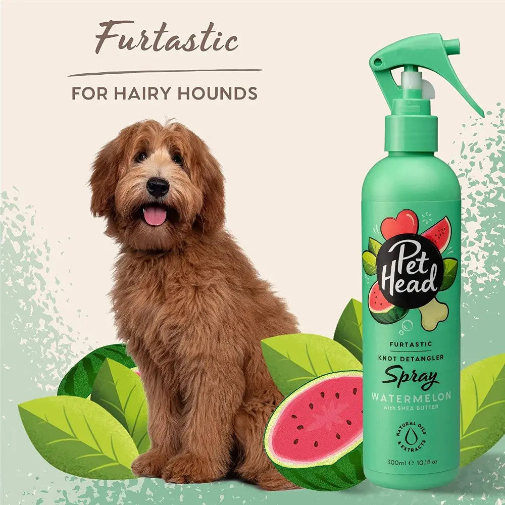 Pet Head Furtastic Knot Detangler Spray for dogs, featuring a playful dog and watermelon design.
