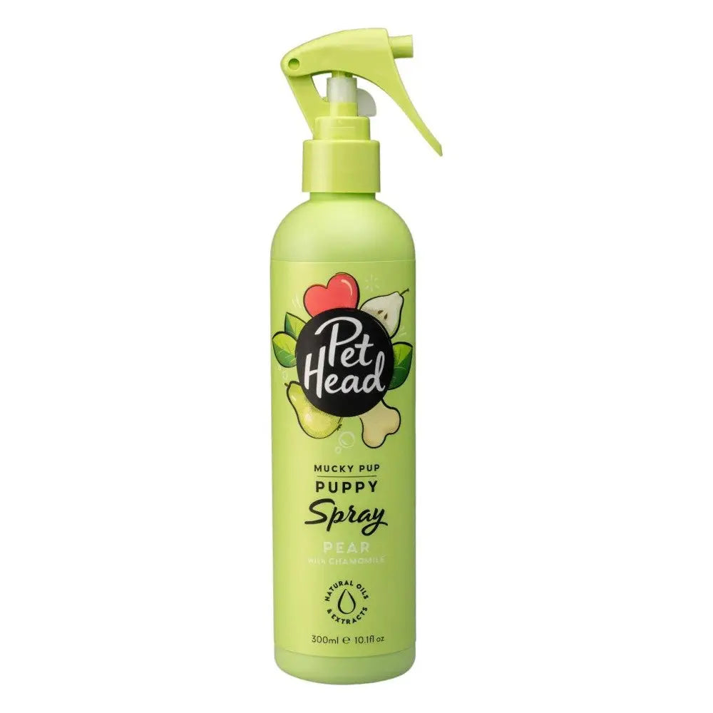 Pet Head Mucky Pup Spray in Pear scent for freshening up puppies and maintaining their coat.