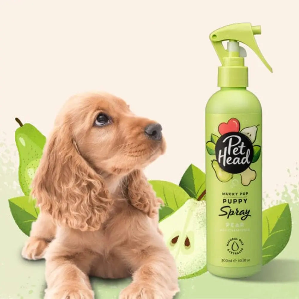 Puppy spray bottle with a cute dog and pear illustrations for pet grooming and care.