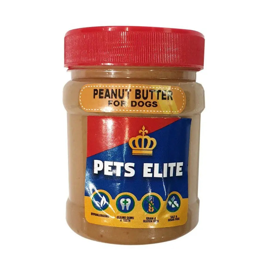 Peanut butter for dogs in a jar, featuring a colorful label and pet-friendly ingredients.