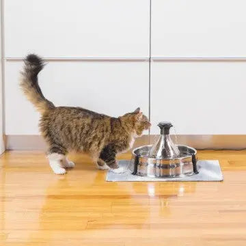 Cat drinking from a stylish water fountain on a wooden floor.