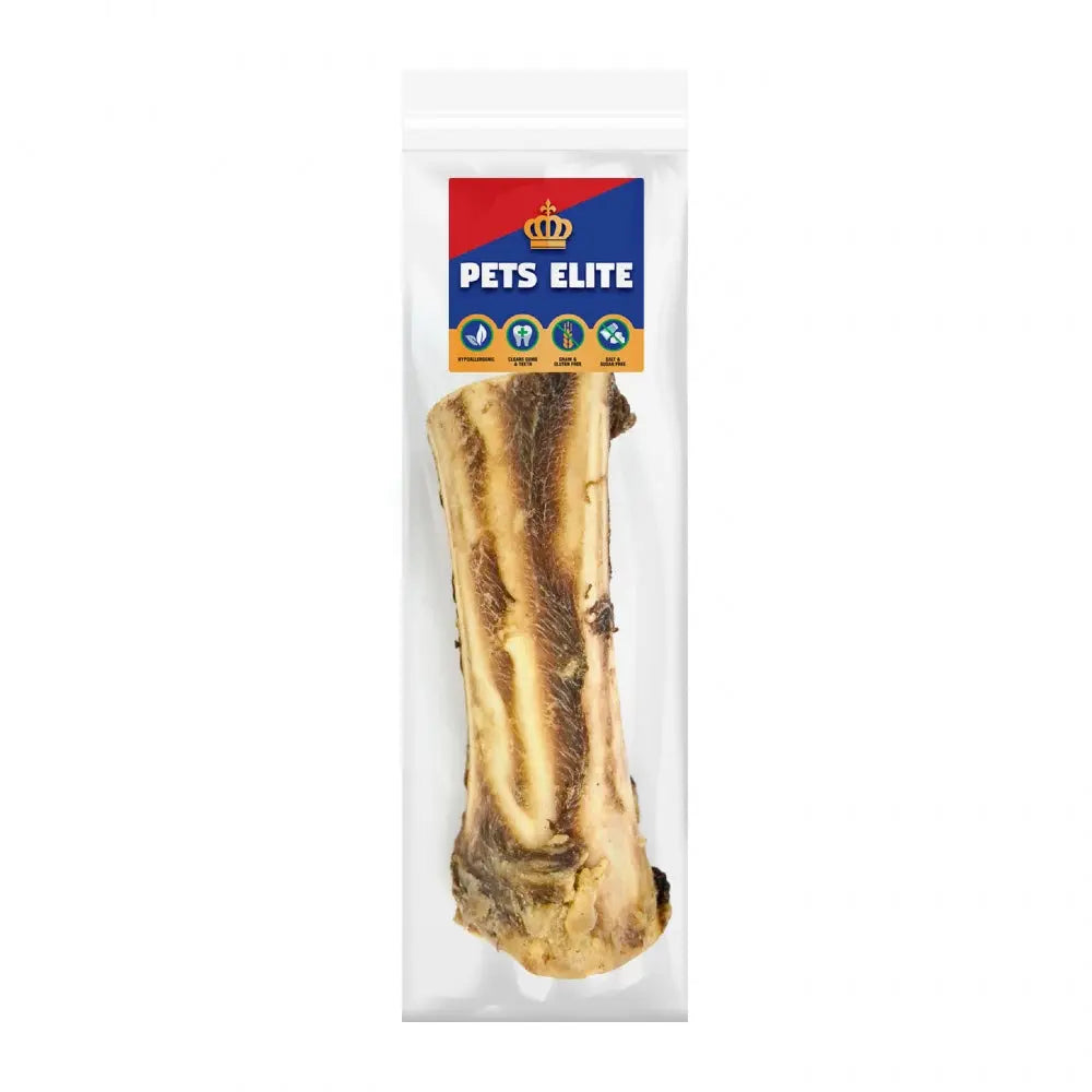 Pets Elite beef bone chew, natural dog treat, healthy snack, high protein, packaged for freshness.