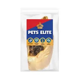 Pets Elite dog treat packaging featuring natural ingredients and a clear feeding guide.