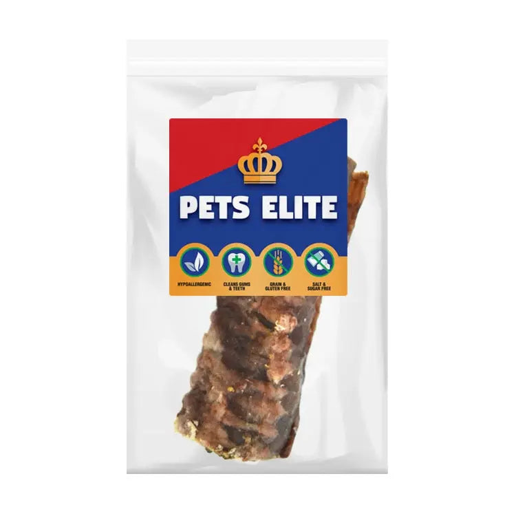 Pets Elite dog treat packaging featuring a tasty chew stick and clear ingredient information.