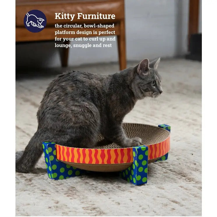 Cat lounging on colorful circular kitty furniture designed for comfort and play.