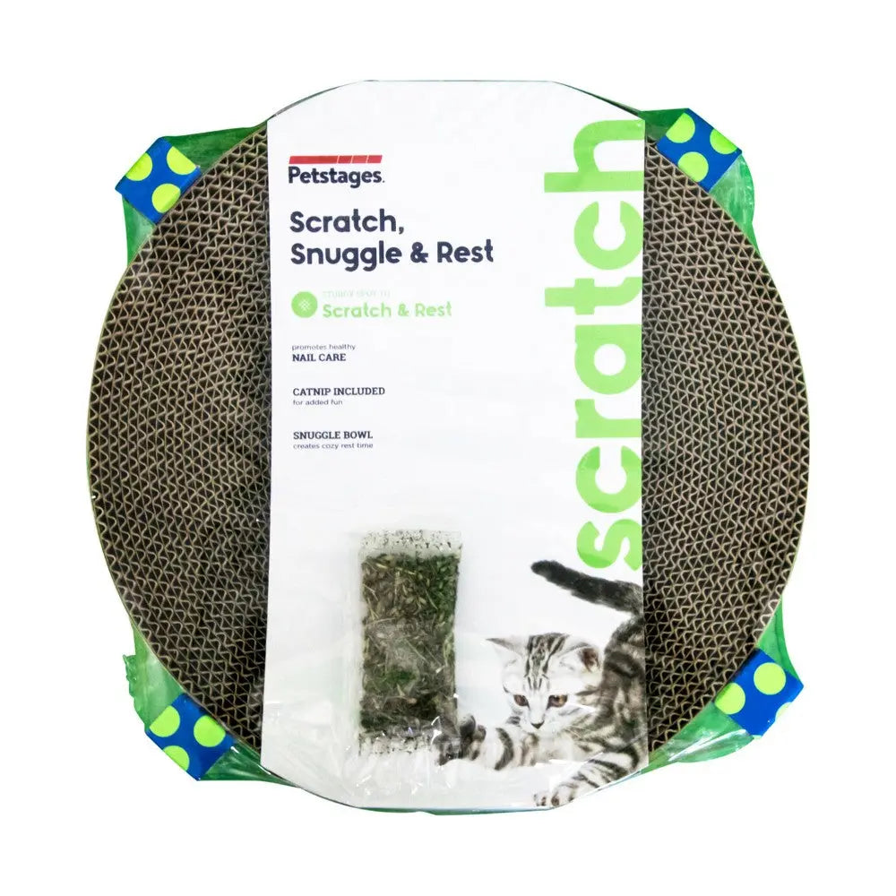 Cat scratcher and snuggle mat with included catnip for nail care and playtime.