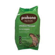 Probono chicken-flavored dog biscuits in a green bag, ideal crunchy treats for all dogs.