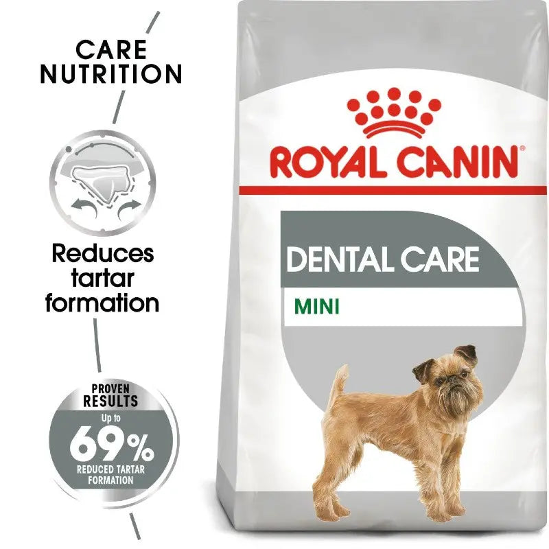 Royal Canin Dental Care Mini dog food bag, designed to reduce tartar formation for better oral health.