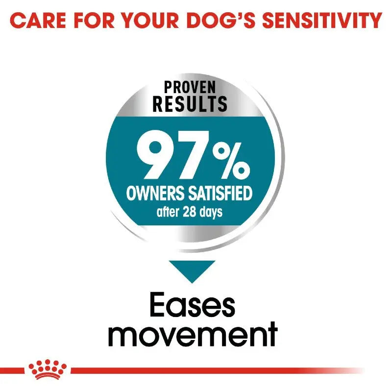 Infographic highlighting 97% owner satisfaction for dog sensitivity care after 28 days.