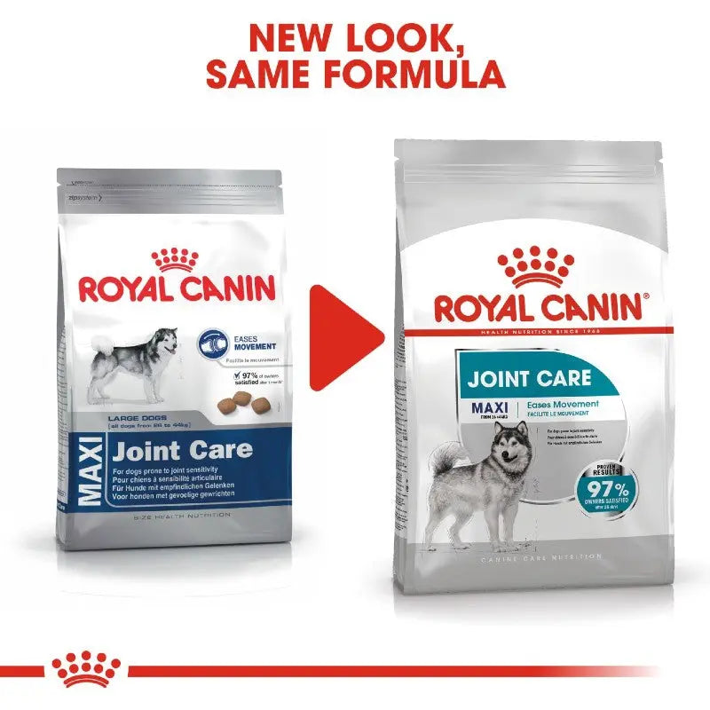 Royal Canin Joint Care dog food packaging showcasing new design for large dogs.