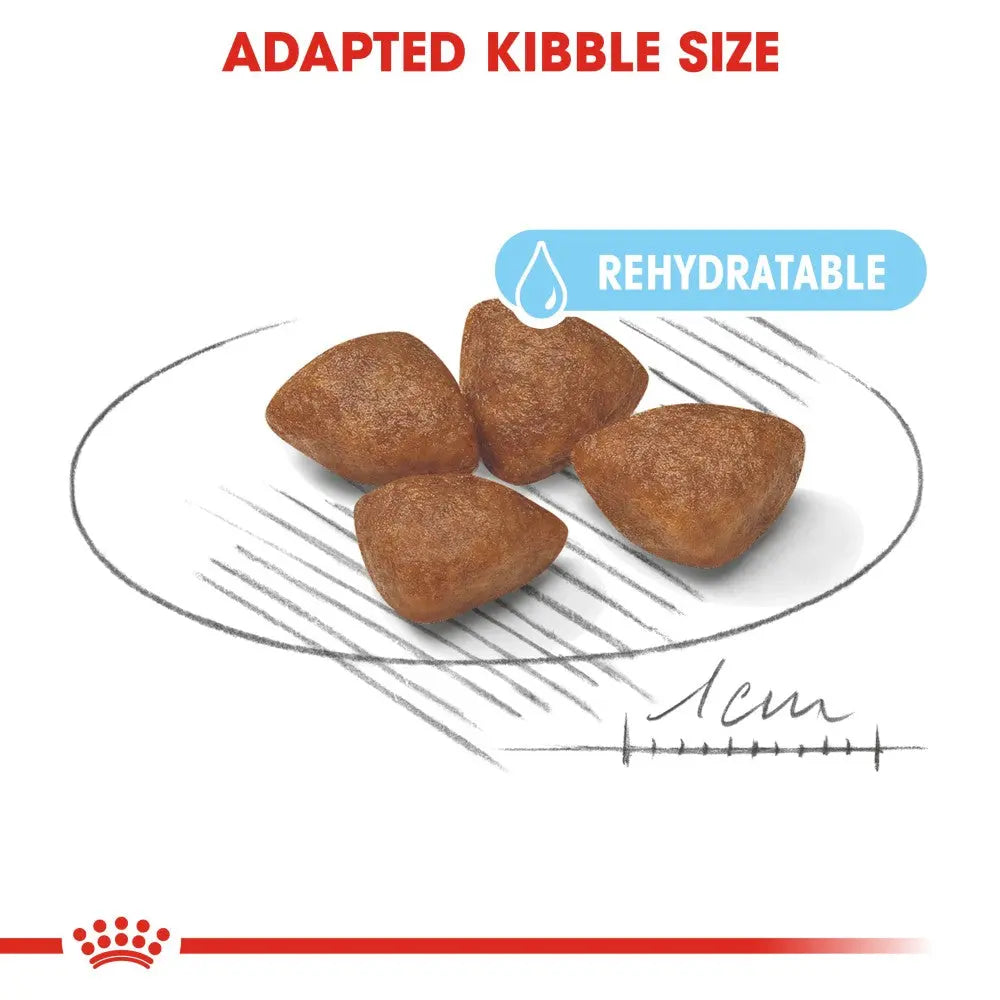 Rehydratable adapted kibble size for optimal pet nutrition and easy feeding.