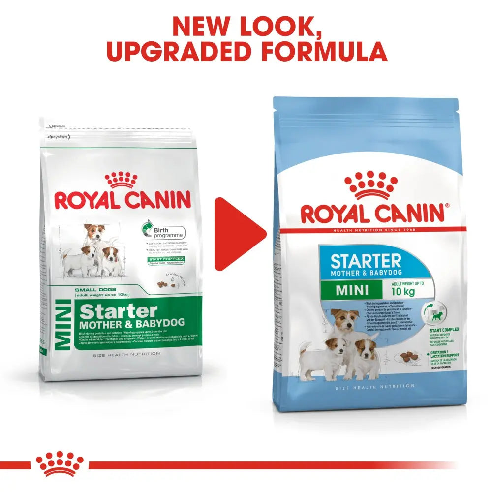 Royal Canin Starter dog food packaging showcasing new look and upgraded formula for small dogs and puppies.