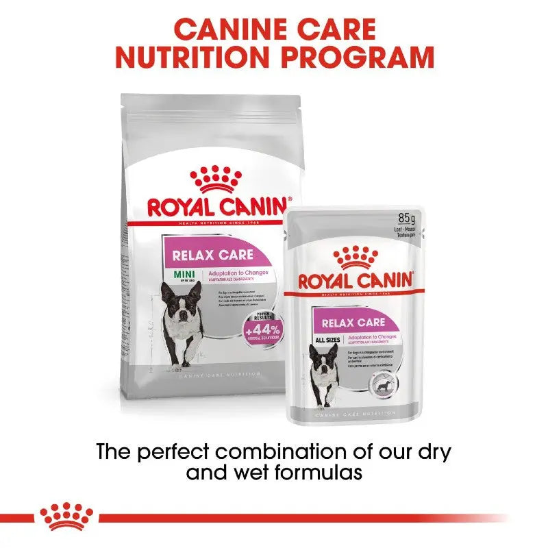Royal Canin Relax Care dog food, featuring dry and wet formulas for optimal canine nutrition.