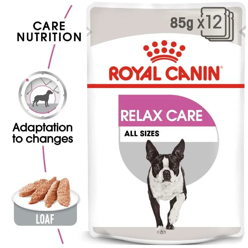 Royal Canin Relax Care dog food pouch for stress relief, suitable for all sizes, featuring a loaf texture.