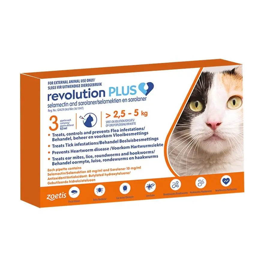 Revolution Plus for cats, flea and tick treatment, 2.5-5 kg, packaging with dosage instructions.