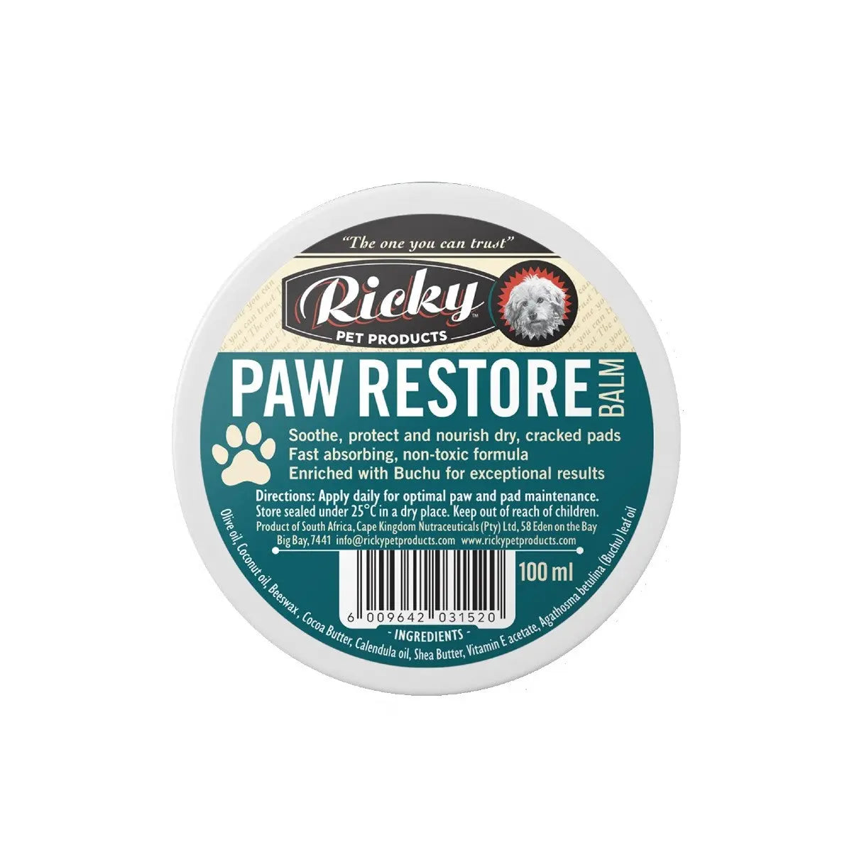 Ricky Paw Restore Balm for pets, soothing dry pads with natural ingredients for optimal paw care.