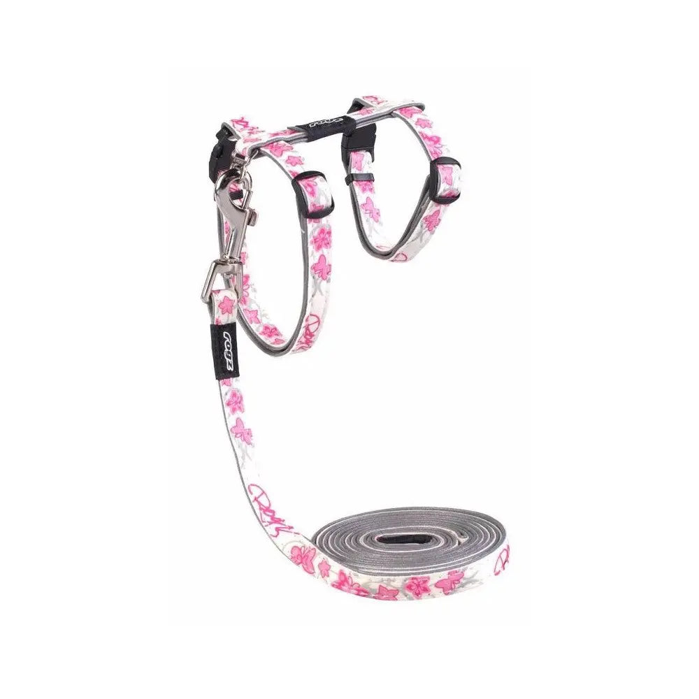 Floral-patterned dog harness and leash set for stylish and comfortable walks.