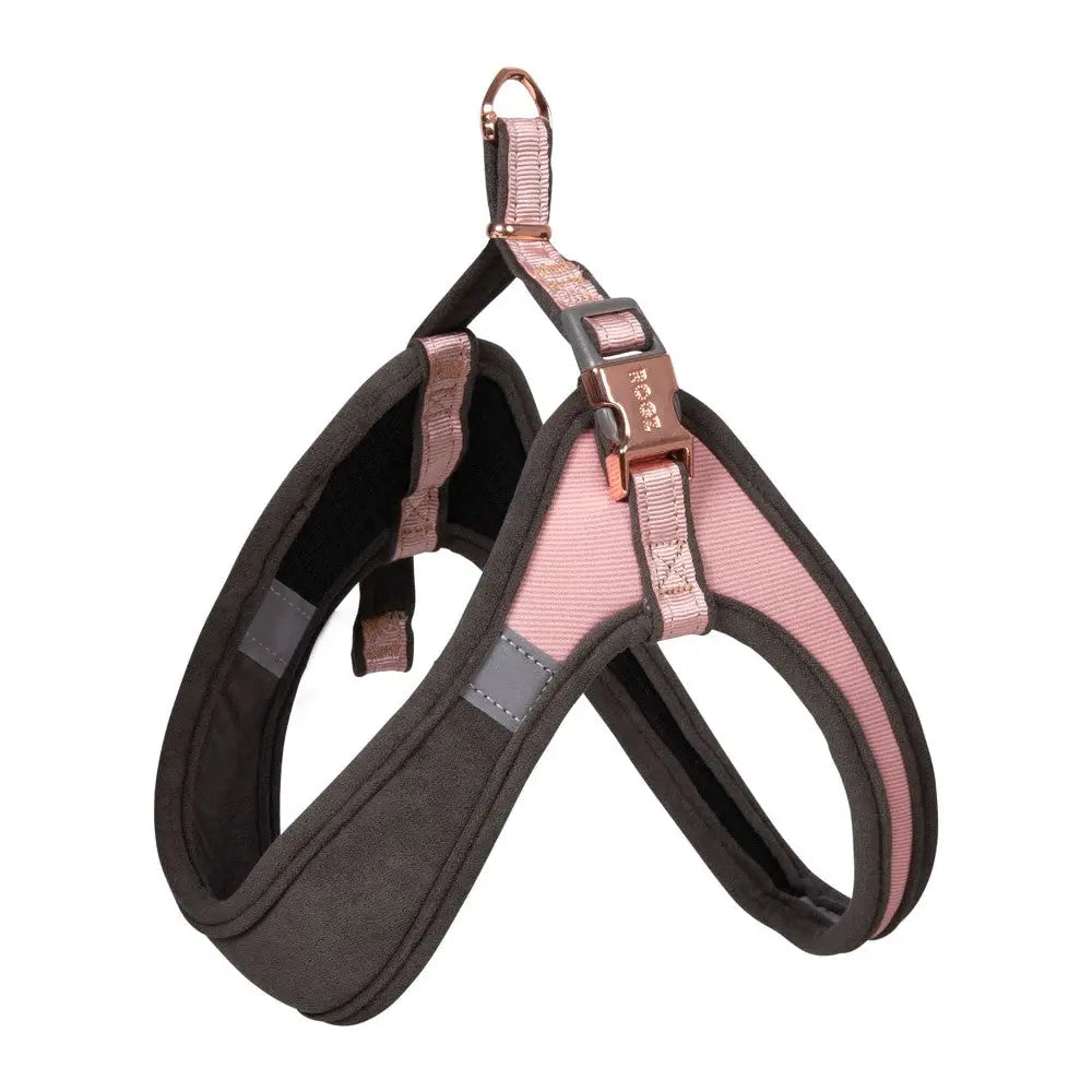 Adjustable pet harness in stylish brown and pink design for comfort and safety during walks.