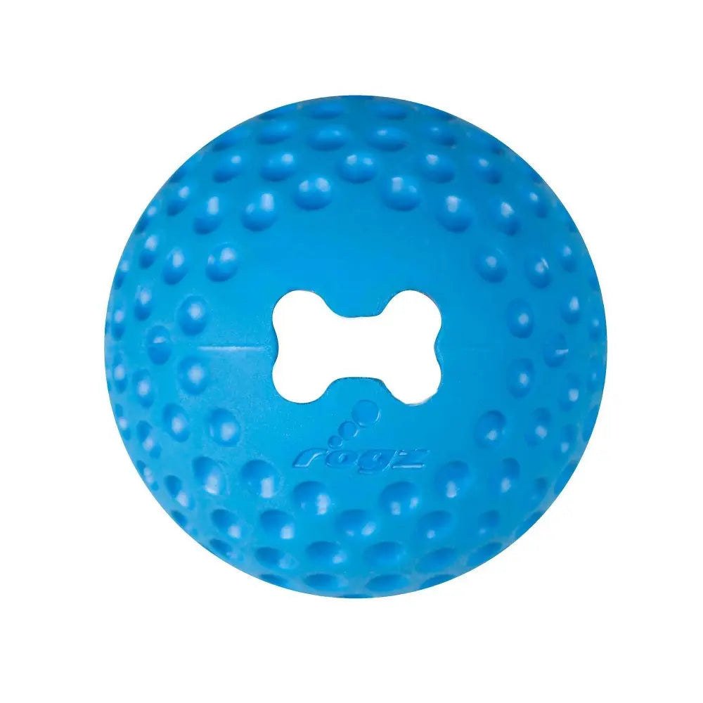 Blue rubber dog ball with textured surface and bone-shaped hole for interactive play.