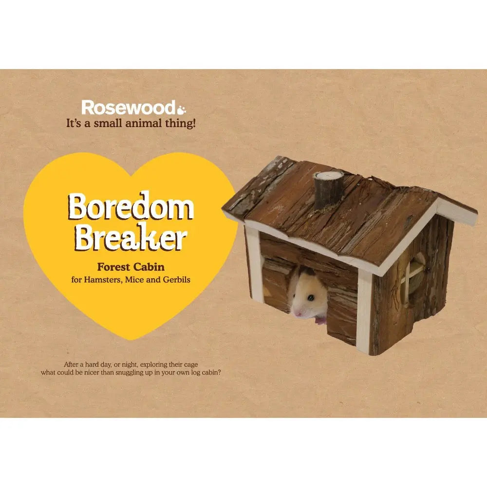 Wooden cabin hideout for small pets like hamsters, mice, and gerbils, promoting play and exploration.