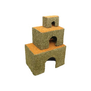 Hay block tower for small animals, providing a cozy hideout and chewable enrichment.