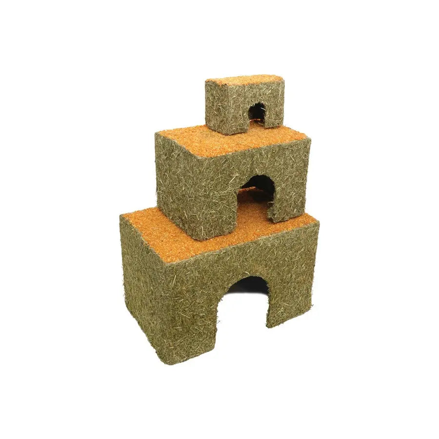 Hay block tower for small animals, providing a cozy hideout and chewable enrichment.