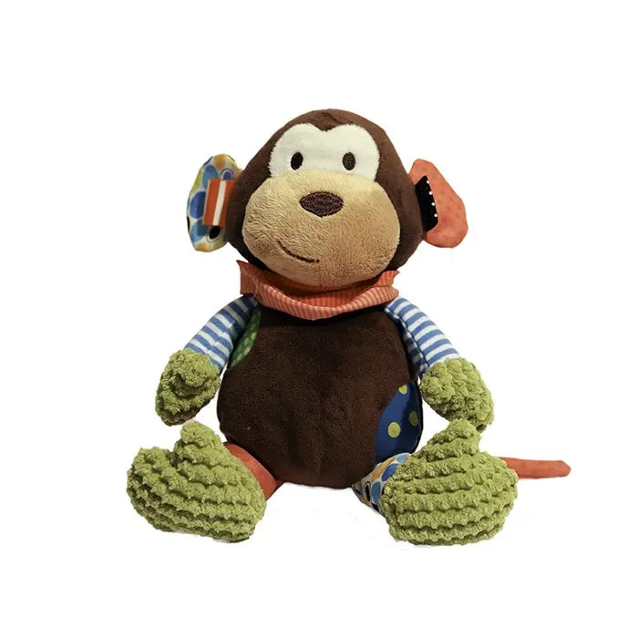 Colorful plush monkey toy with textured limbs, perfect for cuddling and playtime.