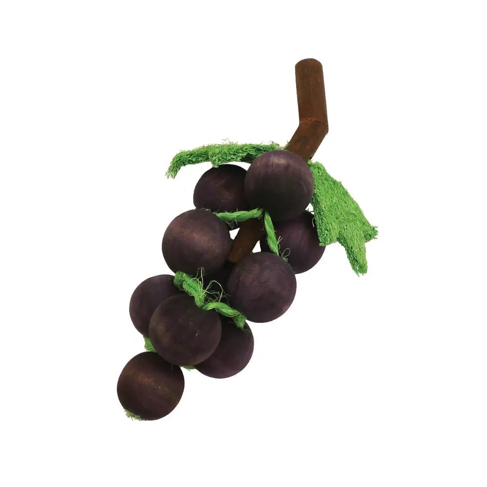 Colorful grape toy for pets, featuring a wooden stem and green leaves for interactive play.